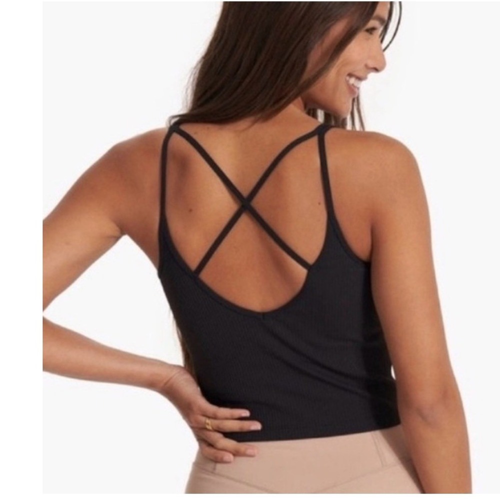 Vuori Rib Crop Tank Top Women XL Black Ribbed Nylon Strappy Cross Back VW189